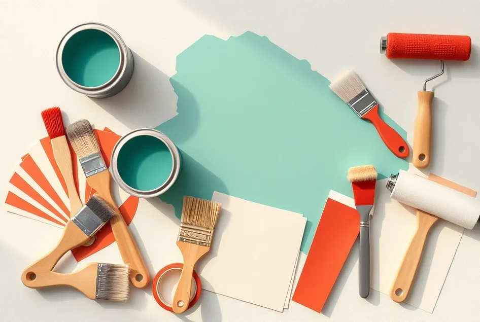 Pots de peinture, nuancier, brosses et rouleaux disposés à plat