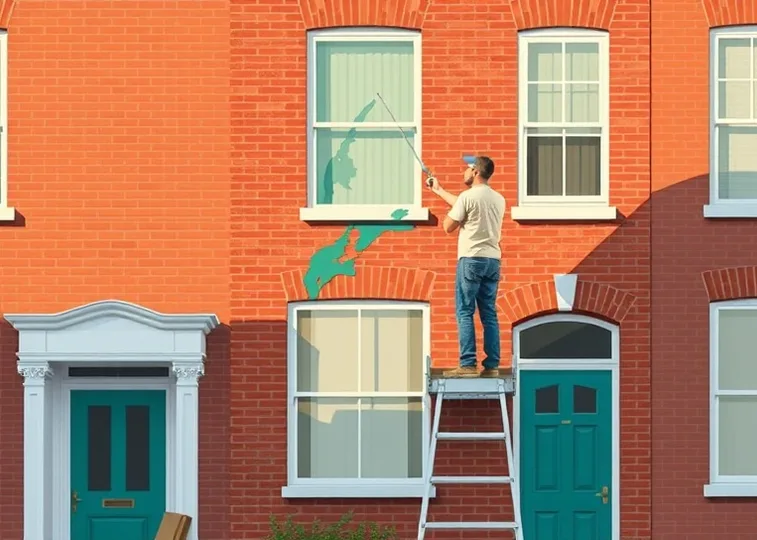 Peintre sur échafaudage traitant la façade d'une maison