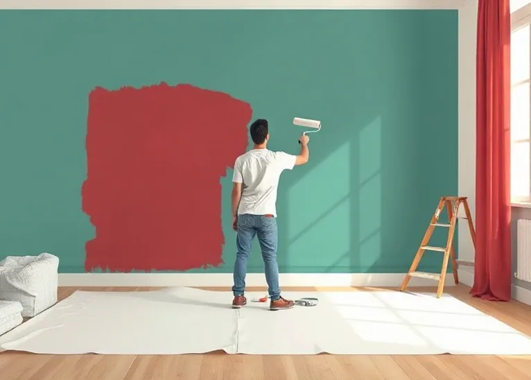 Peintre appliquant la peinture au rouleau sur un mur de salon